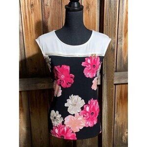 Calvin Klein Sz L Black Pink Slinky Floral Print Gold Zipper Tank Top Blouse